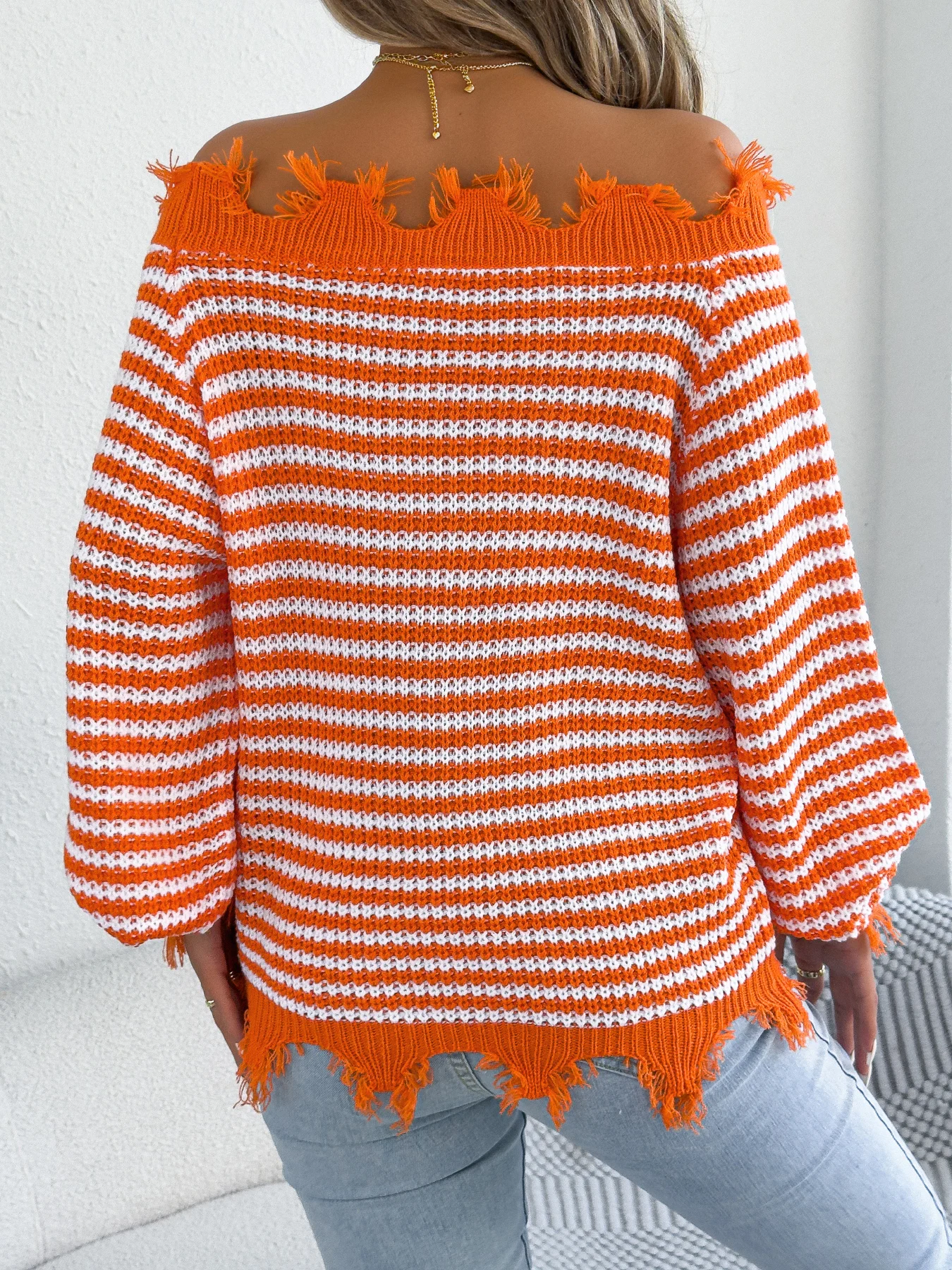 Women Elegant Tassel Striped Sweater Autumn Winter