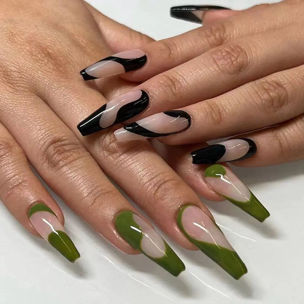 

24pcs/Box Black Green Wave Line False Nails Wearable Long Coffin French Ballerina Fake Nails Full Cover Nail Tips Press On Nails