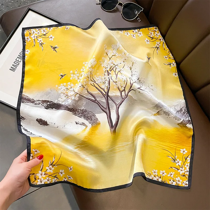

Printed Silk Square French Retro Tree Yellow High-Grade All-Match Scarf
