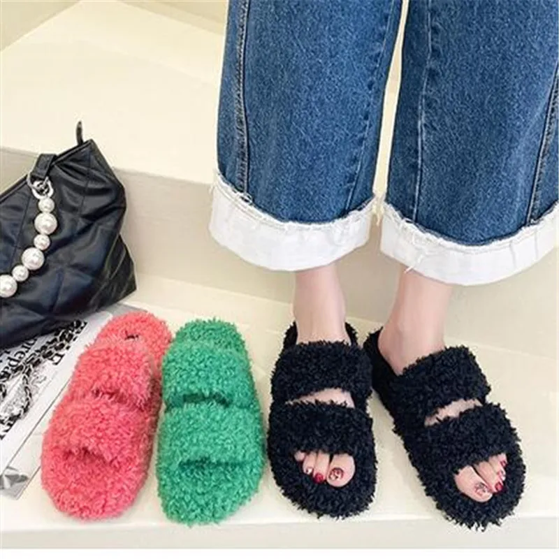 

3cm Heel Colorful Faux Fur Fashion Mules Soft Women Indoor Slippers Home Furry Slides Flip Flops Size 42 zapatos mujer