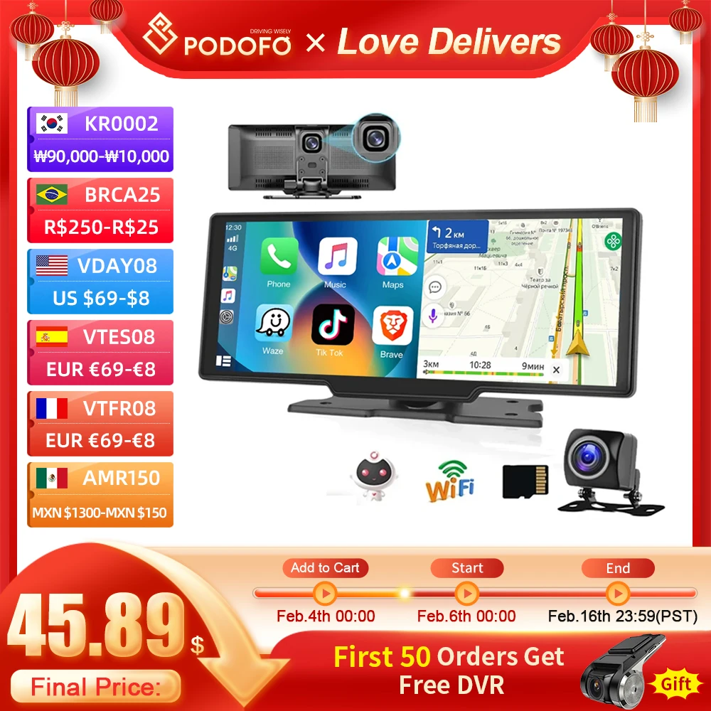 Podofo 10.26 "Car Mirror Registrazione Video Wireless Carplay Monitor Android Auto Dashboard Dvr Automotive Multimedia Player