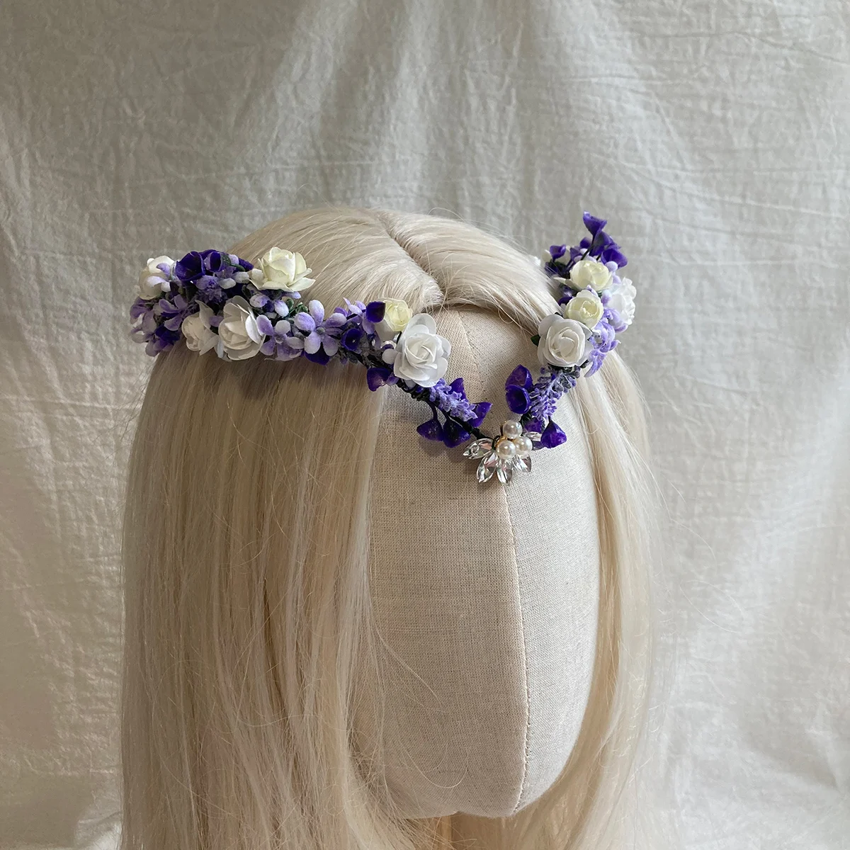 라벤더 엘븐 서클릿 요정 티아라 보라색 꽃 머리띠, 엘븐 크라운, V 자형 꽃 왕관, 보호 결혼 엘프 헤드피스