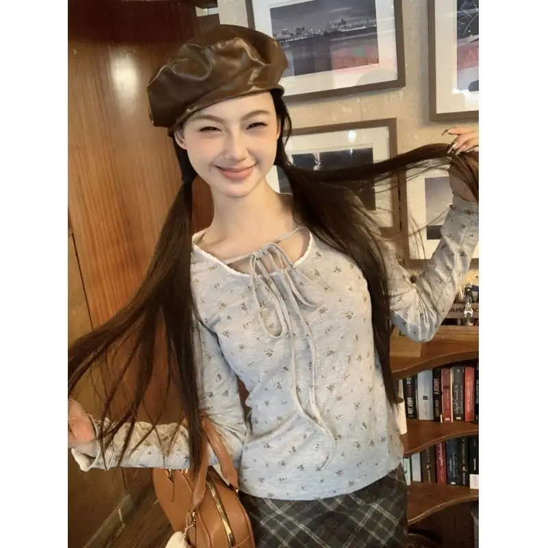 

Korean Pure Desire Fragmented Flower Square Neck Underlay Shirt Women's Autumn Winter New Style Waist Tie Long Sleeve Top
