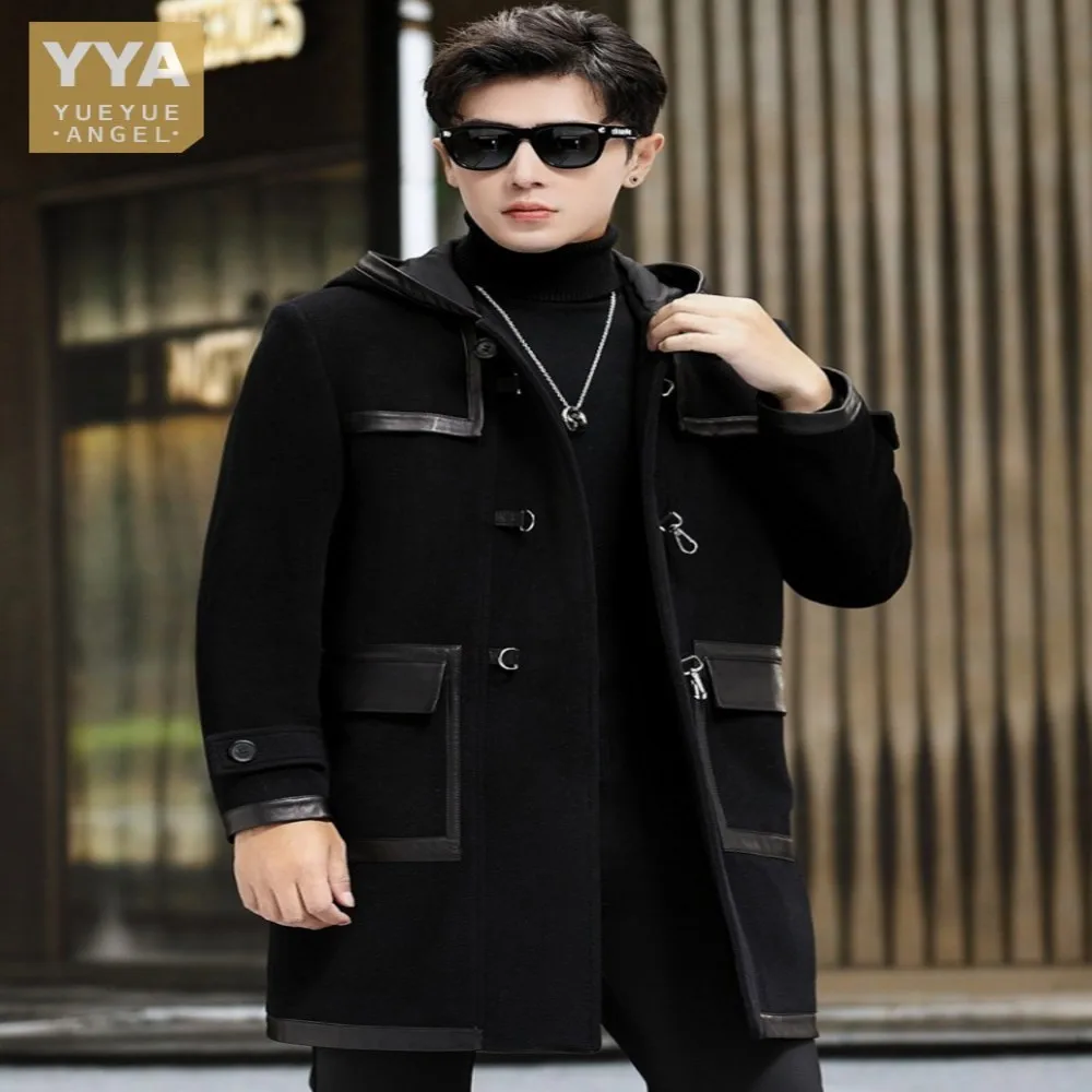 

Style Preppy Mens Long Real Wool Coat New Spliced Sheepskin Trench Autumn Winter Casual Hooded Natural Sheep Fur Overcoat