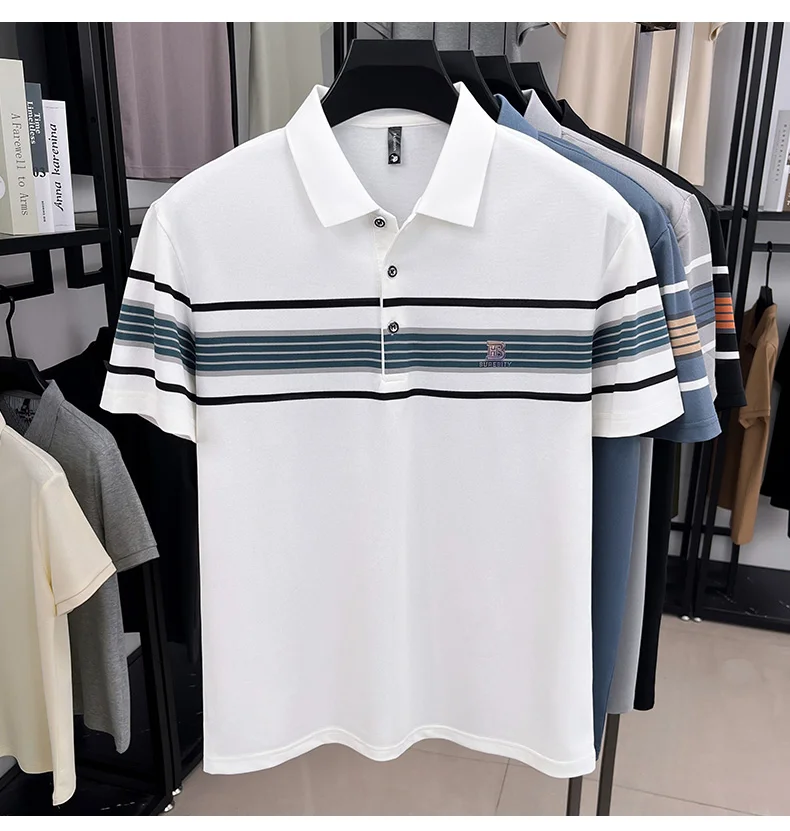High end brand striped short sleeve polo shirt fashion exquisite letter embossed lapel casual comfortable breathable men T-shirt 19 Sddfd31c2d90b4123bca991de56365557d