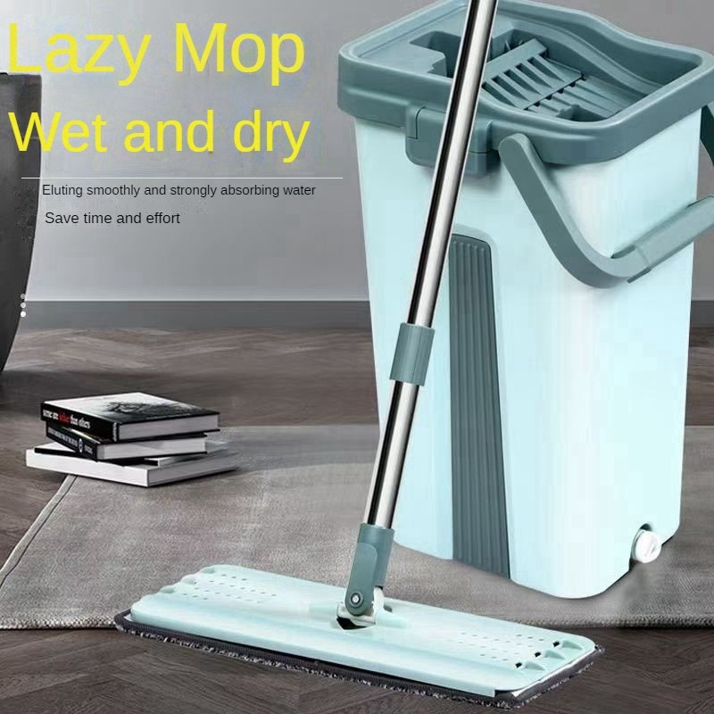 Flat Squeeze Mop com balde, Wringing Floor Cleaning, Microfiber Pads, uso molhado ou seco em madeira laminado, mÃ£o livre