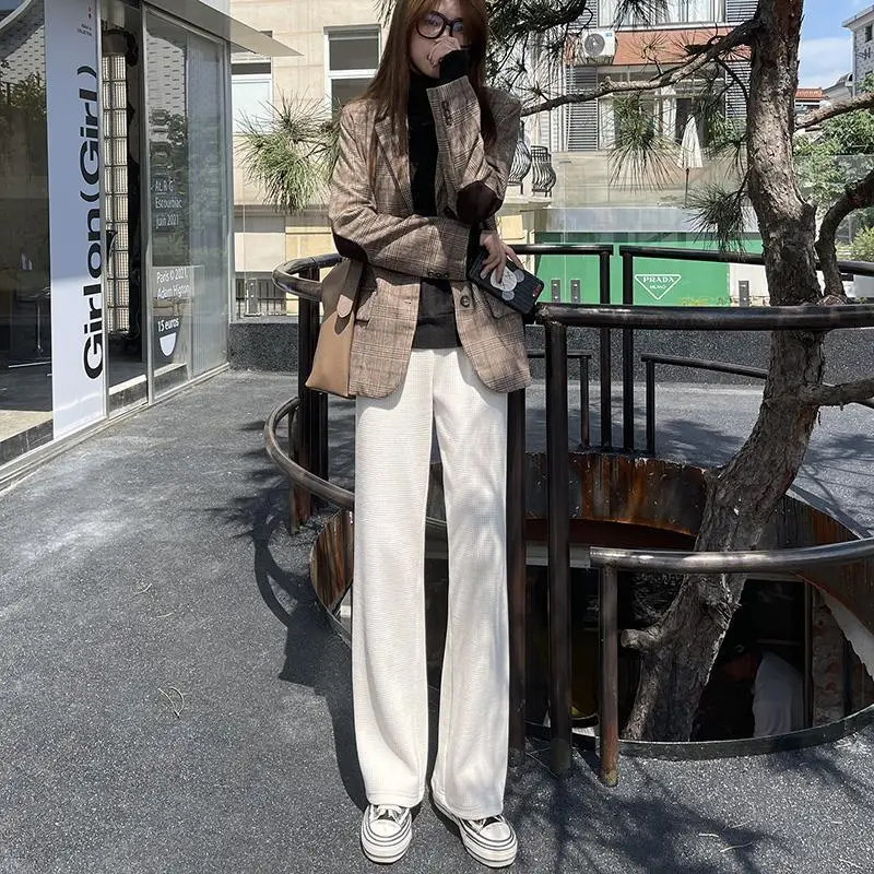 Corduroy Wide Leg Pants Women Spring and Autumn New Korean High Waisted Loose Waffle Straight Leg Pants Female