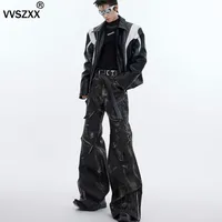 Retro Distressed Deconstruct Micro Flare Leather Pants Men's Heavyweight Segmentation Design Casual Leather Trouser 4