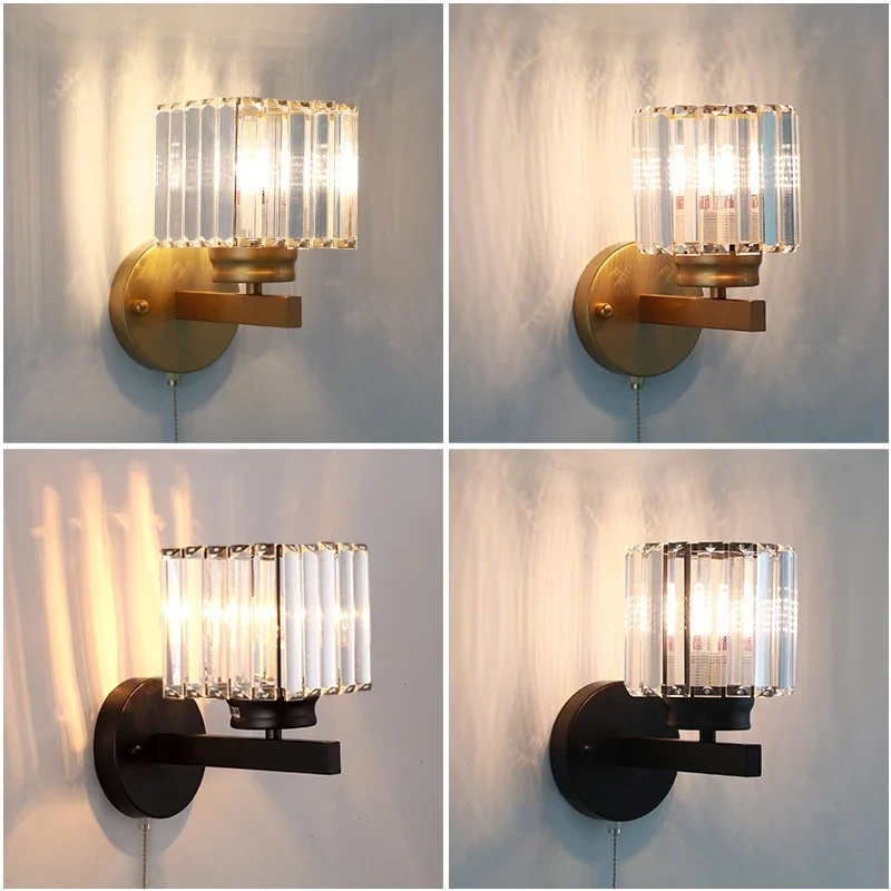 

Modern Crystal Wall Lights Sconce Nordic Bedroom Lamp Decor Home Lighting Living Room Bed Side Wall Mirror Fixture Pull Switch