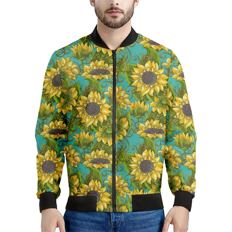thumbnail image 1 of Chaqueta con cremallera y estampado de girasoles a la moda para hombre, sudaderas con estampado de plantas en 3D, chaquetas de calle de manga larga de gran tamaño, abrigos, 1 of 5