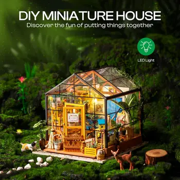 Robotime Mini Green House Cathy's Flower House DIY Dollhouse Wooden Miniature Furniture Kit with LED Best Birthday Gifts 2