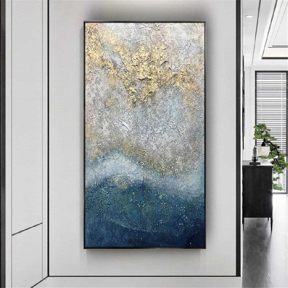 

100% Hand-Painted Abstract Landscape Oil Painting On Canvas Picture Decor Living Room Home Wall Art Gold Blue Thick Mural Trim