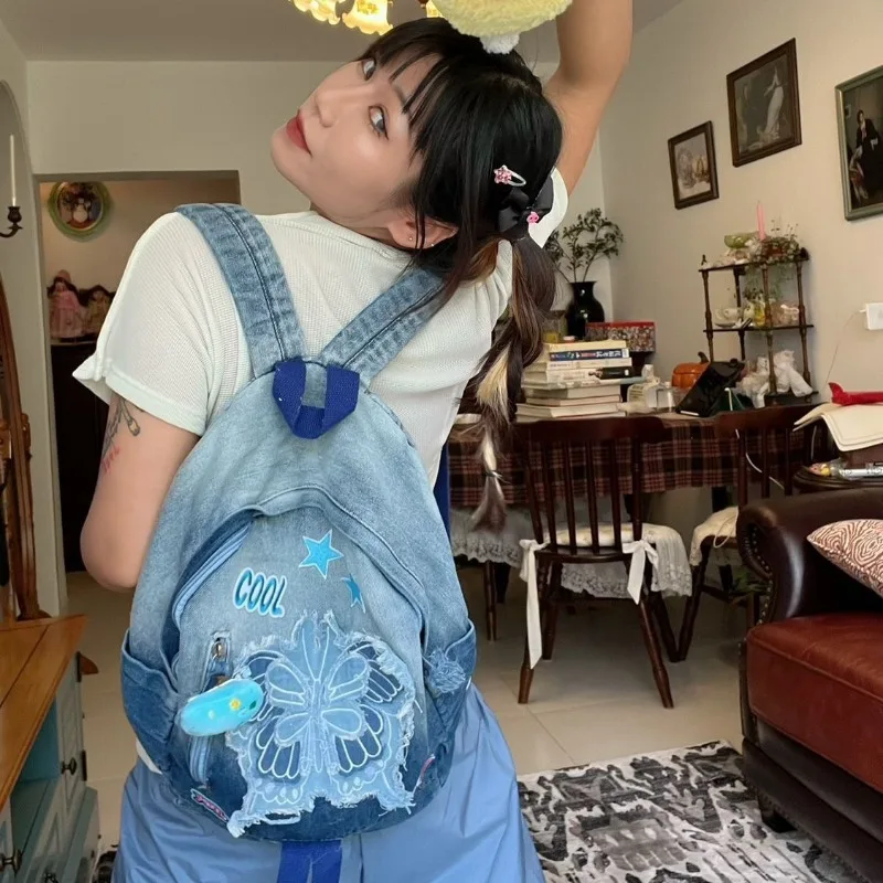 MBTI Denim Hello Kitty Womens Backpack Y2k Fashion Patchwork Butterfly Vintage Aesthetic Backpacks Casual Original Female Bag