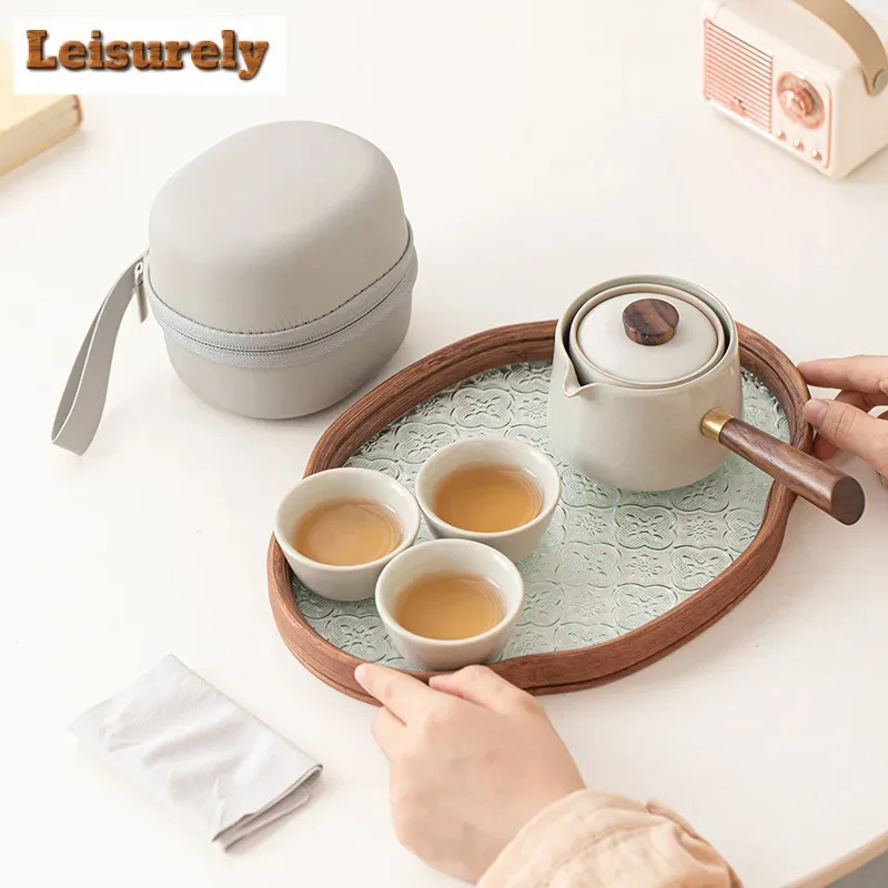 Ru Kiln Leisurely Portable Travel Tea Set Kit 360 Rotation Tea Maker Automatic 1 Pot 3 Cups Camping Picnic Tote Bag Drinkware
