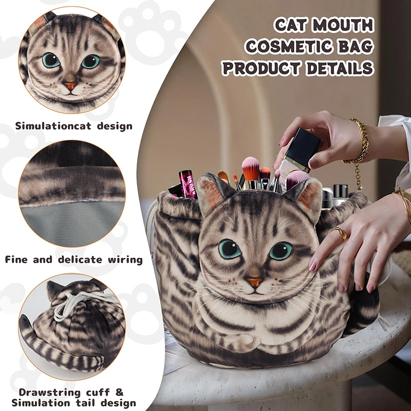Adorable Cat Head 3D Makeup Bag with Drawstring Closure – Perfect Gift for Women Cat Lovers, Versatile Travel Cosmetic Organizer Pouch