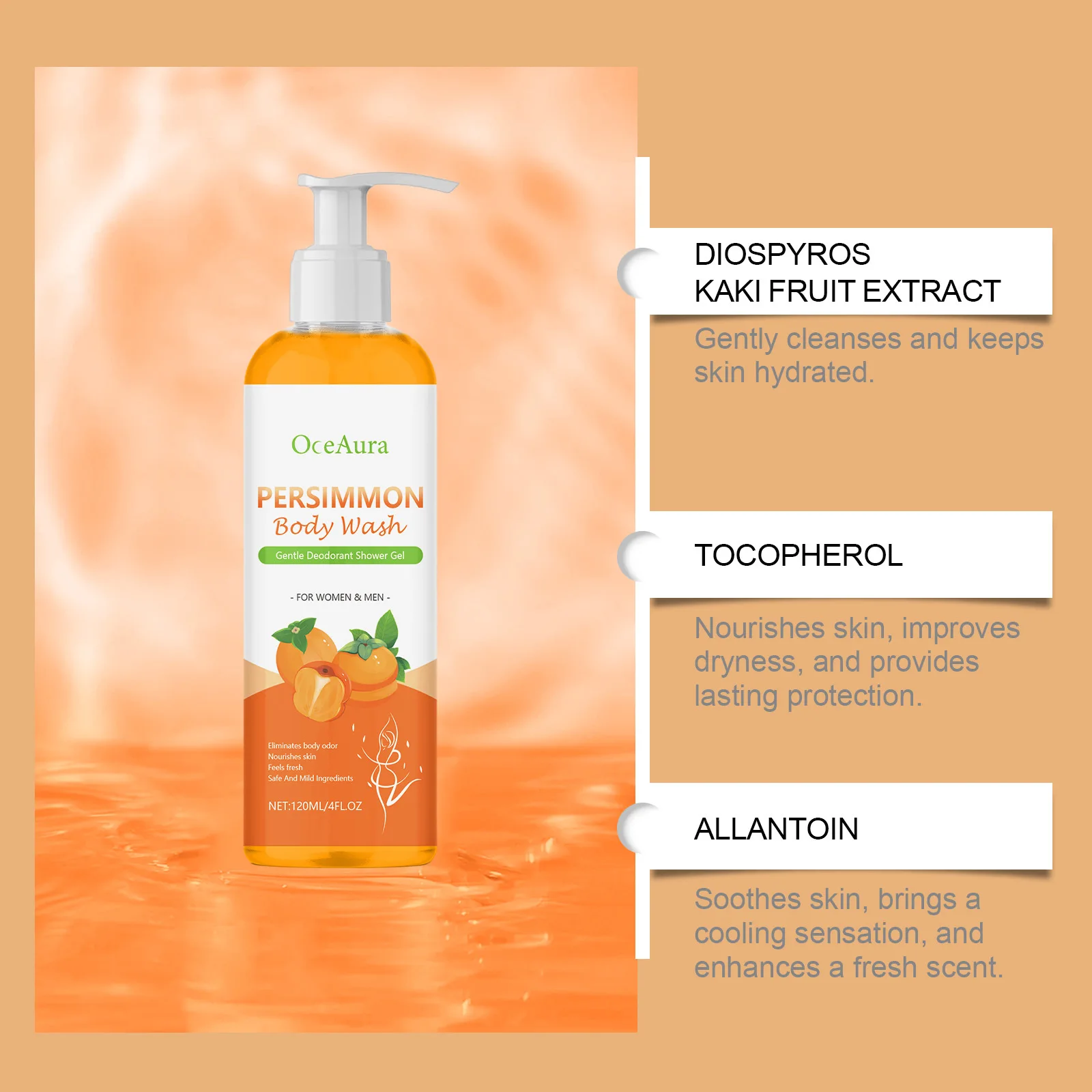 Persimmon Body Wash, natürliches Deodorant, feuchtigkeitsspendendes, erfrischendes Bad-Duschgel, sanfte Reinigung, geruchsneutrale Füße, starker Geruch entfernen – Detail 8