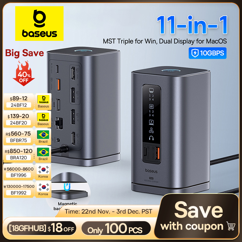 Baseus USB C Hub to DP 4K@60Hz HDMI DisplayPort 11-IN-1 Docking Station Triple Display RJ45 PD 100W For Window Mac USB 3.1 HUB