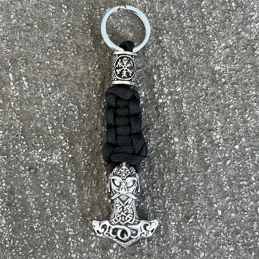 Nostalgia 1Pcs Odin Thor Hammer Mjolnir Jewelry Mens Keychains Viking Beads Amulet Handmade Knife Key Lanyard Keyholder
