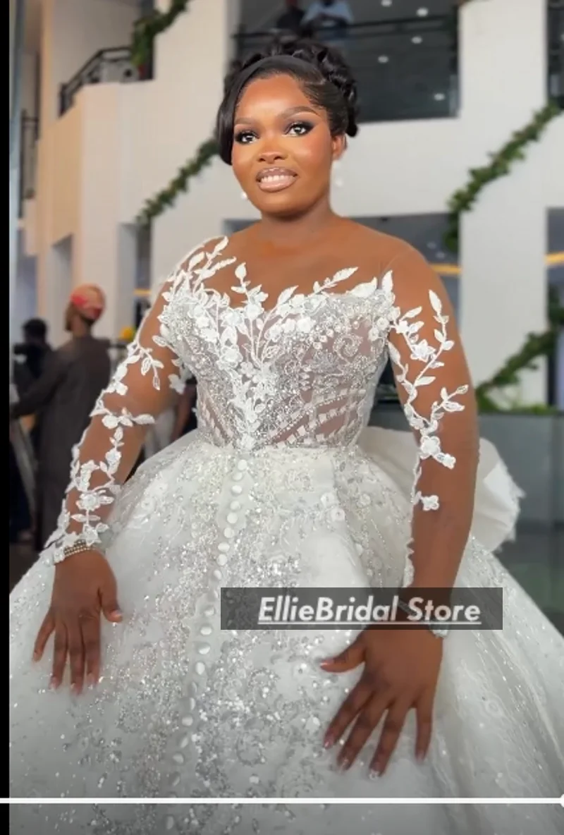African Ball Gown Wedding Dresses For Brides Sheer Neck Lace Bridal Gowns Long Sleeve Beading Vestido De Noiva 2025 Customized