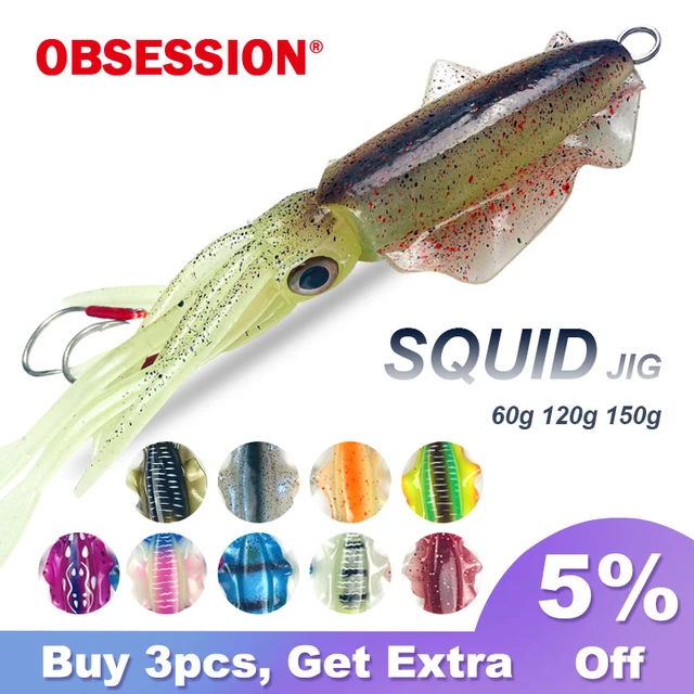 OBSESSION 60g120g150g Silicone Soft Artificial Rubber Luminous UV Squid Jig Fishing  Lures For Sea Fishing Trolling