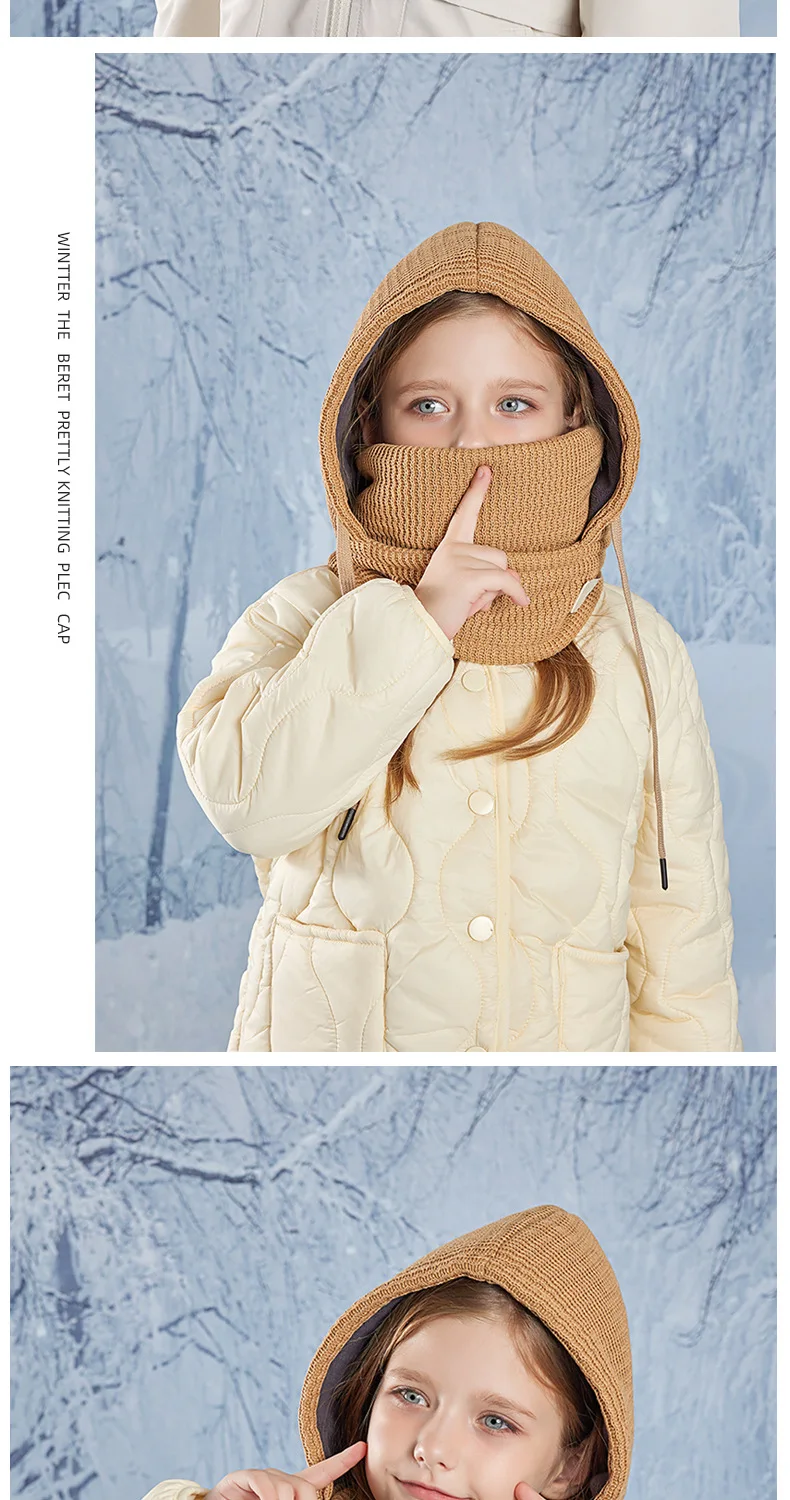 Winter Kind Sturmhaube Hut Junge Mädchen Fleece-gefütterte Bonnets Winddichte Maske Gestrickte Mützen Mütze Schal Set Kinder Mit Kapuze Warme Mütze 4-10Y – Detail 14