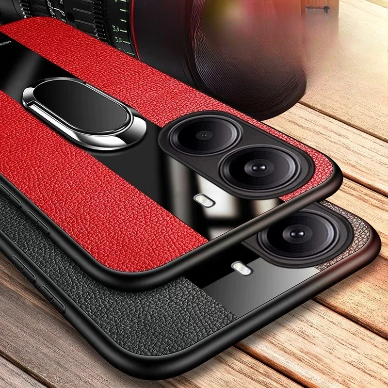 Plexiglass PU Leather Phone Case with Magnetic Metal Ring Stand - Shockproof Protective Back Cover