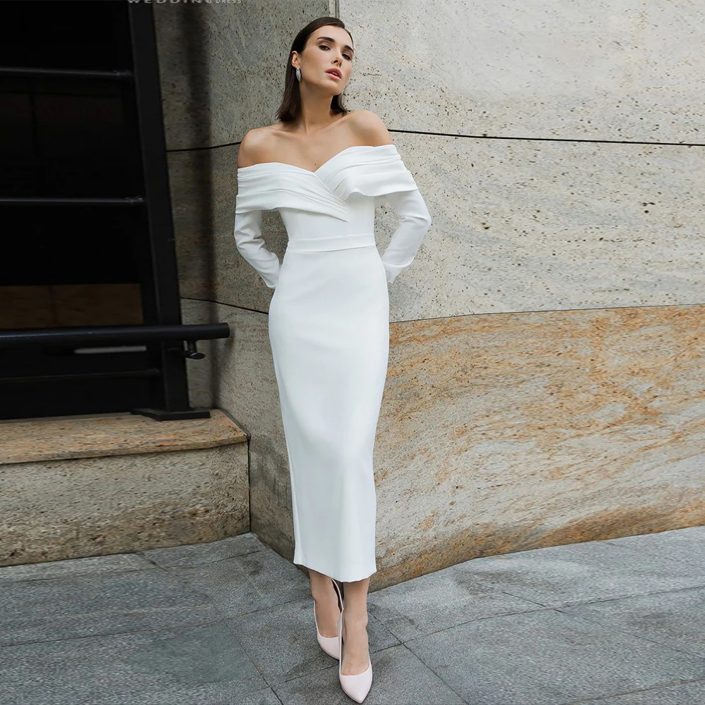 

Civil Sheath Wedding Dress Off Shoulder Long Sleeve Simple White Tea Length Bridal Gown For Bride Custom Свадебное платье 2024