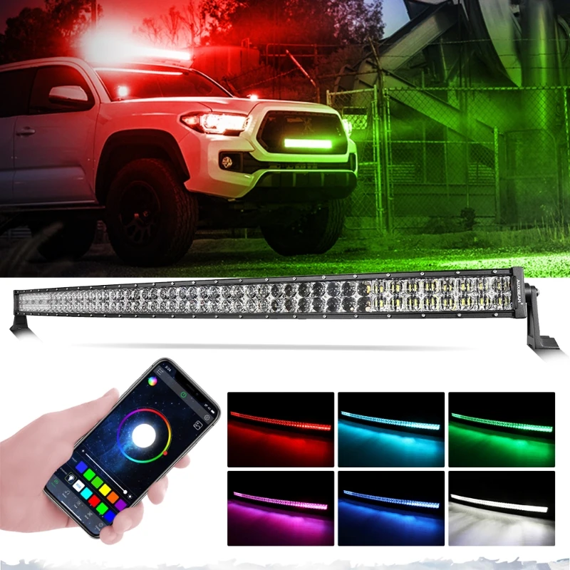

22/32/42/52 Inch Dual Row Curved/Straight RGBW LED Light Bar 5D Lens Offroad Driving Light Mounting Brackets With Wiring Harness