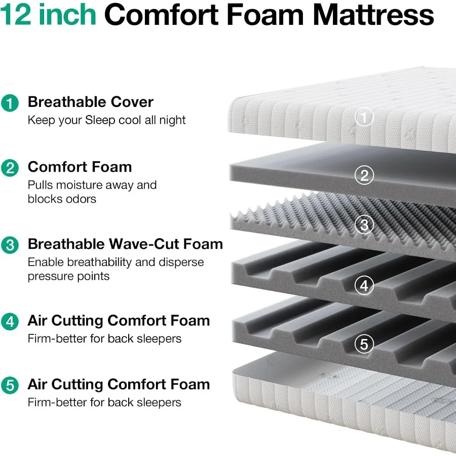 Queen Size 12 Inch Mattress with Air Cutting Design and Breathable Cover for Enhanced Cooling and Pressure Relief During Night