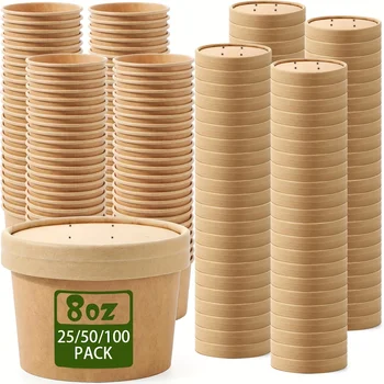 8oz Disposable Kraft Paper Bowls with Lids Sundae Bowl for Hot Cold Soup Snacks Baby Food Service Boxes Party Chrismas Supplies