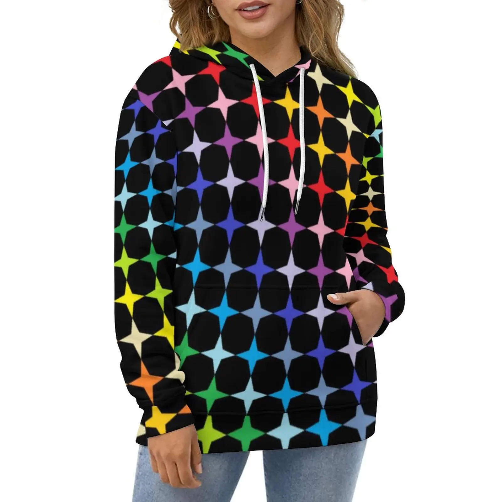 

Abstract Stars Casual Hoodies Rainbow Print Y2k Graphic Loose Hoodie Winter Long Sleeve Street Style Oversized Clothes Gift Idea