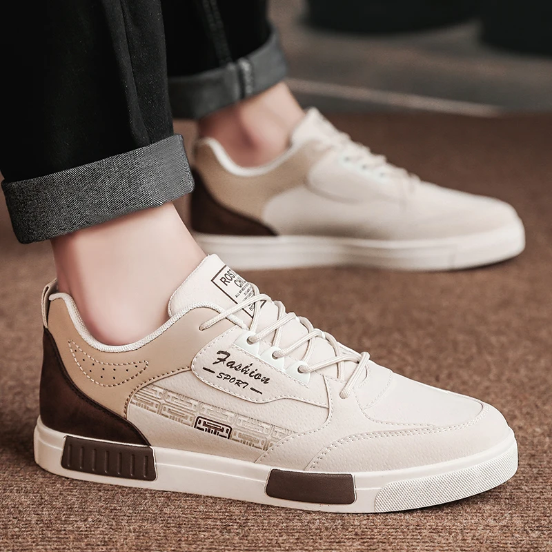 

2023 Men Vulcanize Shoes Lace-up Flat Casual Sneakers Anti Slip Walking Shoes Lightweight Comfortable Leather Skateboard Shoes
