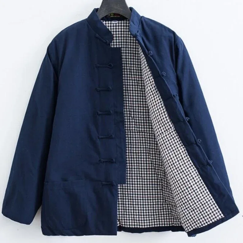 Men's Traditional Chinese Vintage Top Men's Hanfu Tang Suit Winter Warm Cotton Jacket Standing Collar Button Kung Fu Coat