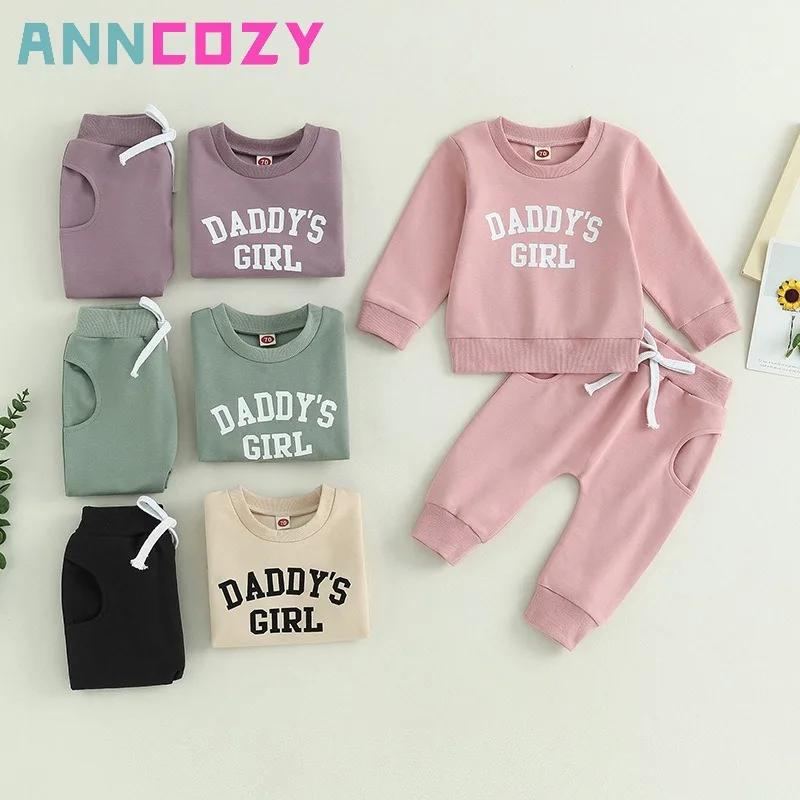 

2023 0-3Years Baby Girls 2Pcs Fall Outfit Letters Print Long Sleeve Crew Neck Sweatshirt Sweatpants Clothes