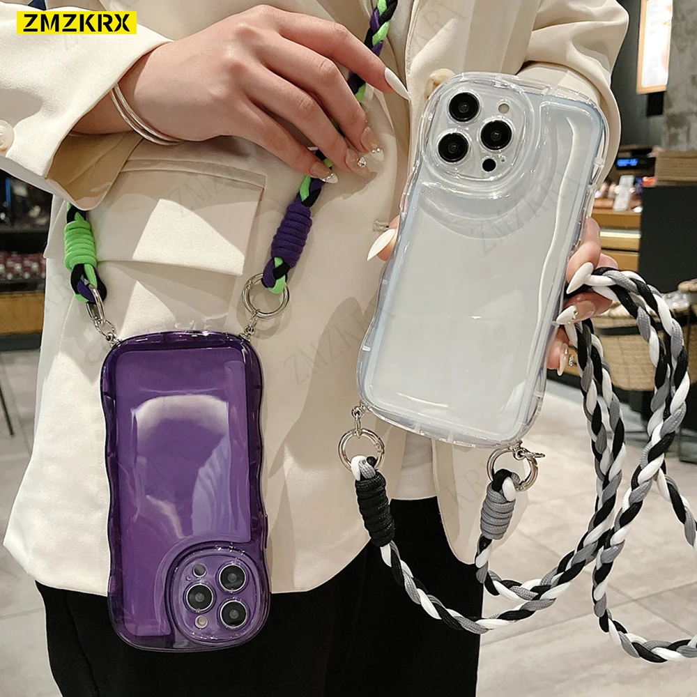 Luxury Crossbody Necklace Lanyard Wave Transparent Soft Case For iPhone 12 11 13 14 Pro Max SE X XS XR 7 8 Plus Shockproof Cover