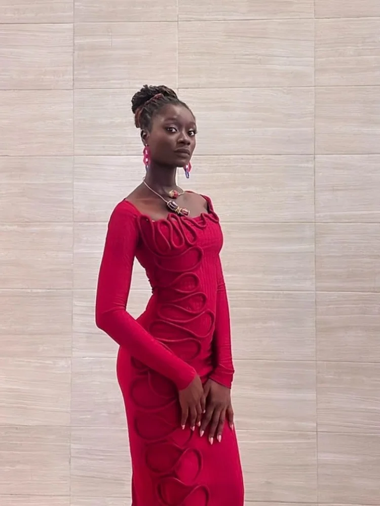 Wmstar Dress Women Wholesale New Pleated Personalized Twisted Rope Decorated Square Neck Long Sleeved Slim Spring Summer 2025