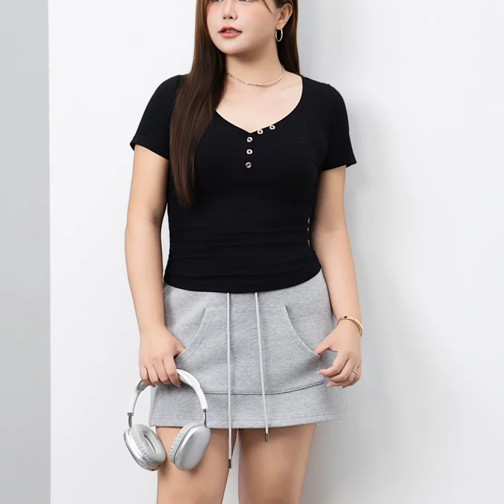 American Hot Girl V-neck slim-fit Embroidered Top Premium short-sleeved T-shirt For Plus Size Women 9261