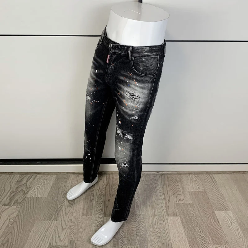 Street Fashion Men Jeans Retro Black Gray Vintage Stretch Slim Fit Ripped Jeans Men Painted Designer Hip Hop Brand Pants Hombre