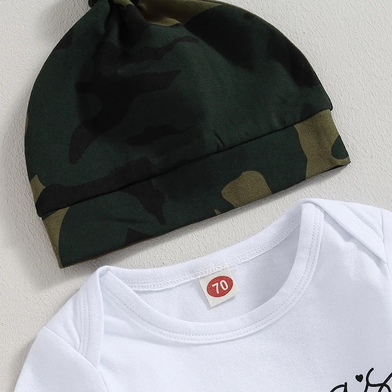

Infant Boy Autumn Clothes Letter Print Long Sleeve Romper Camouflage Pants Hat 3Pcs Outfit