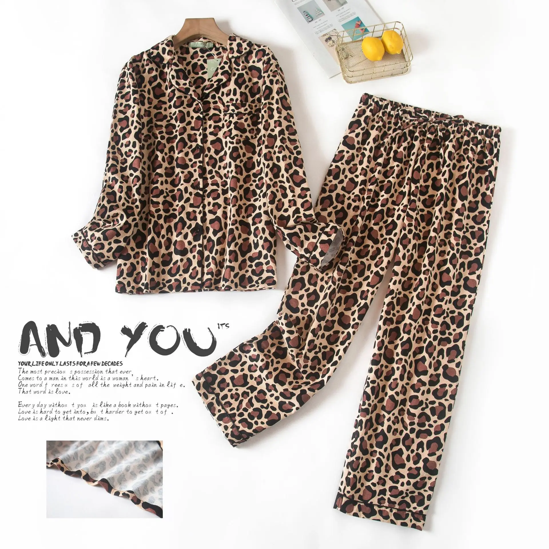 

Vintage Leopard pajamas sets women 100% brushed cotton winter sleepwear women fashion flannelette pyjamas for women