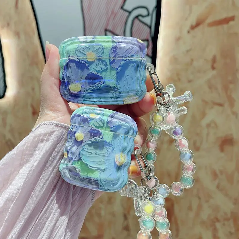 

Oil Painting Flower Waves Earphone Case For Airpods Pro 2 2023 USB C Cover For Airpods 3 3rd 2 1 Pro Pro2 Cases With Keychain