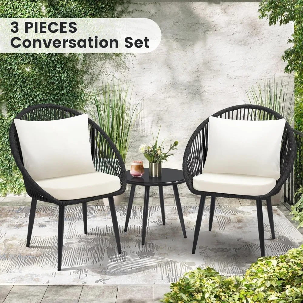 All-Weather Woven Rope Chair Bistro Set with Cushions and Side Table for Outdoor Decks and Balconies