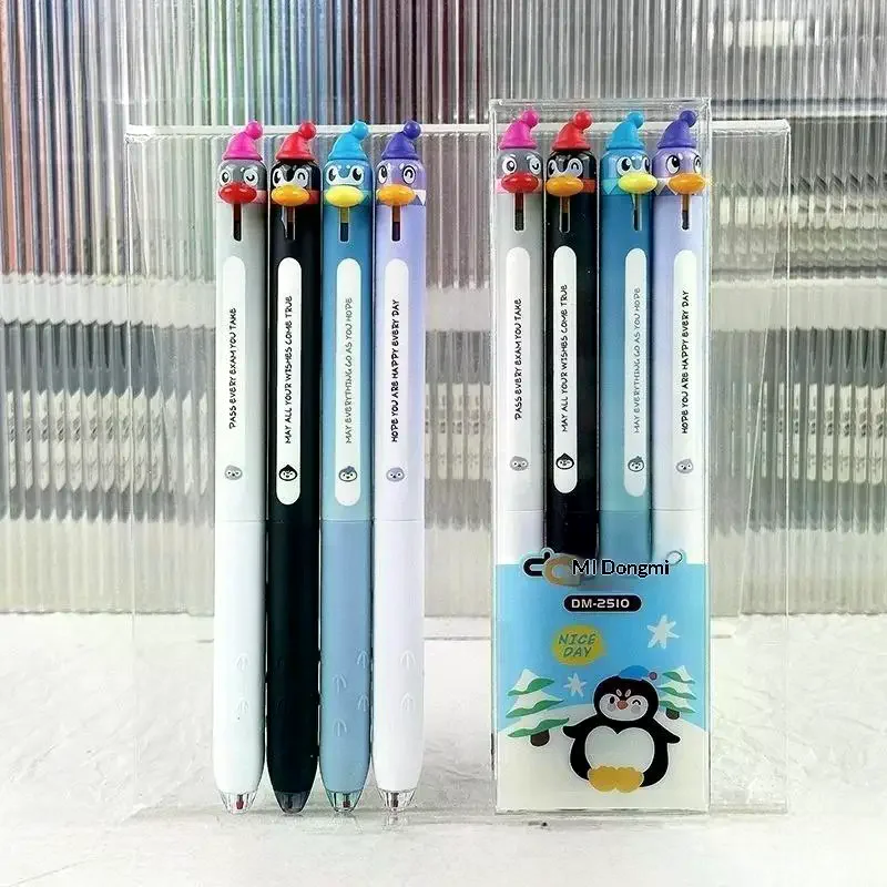 4Pcs 0.5mm 블랙 파인 포인트 개폐식 빠른 건조 부드러운 쓰기 펜 크리 에이 티브 펭귄 디자인 젤 펜 편지지