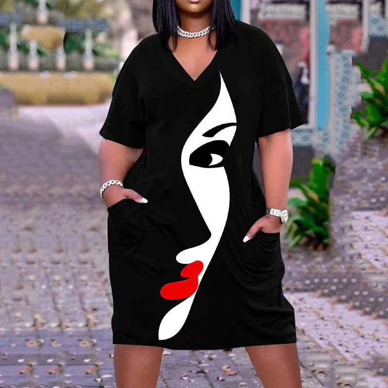 

2023 Prevalent Elegant Fashion Casual Loose ventilate Vestidos Women Streetwear V-Neck Short Sleeve Print pockets Mini Dress