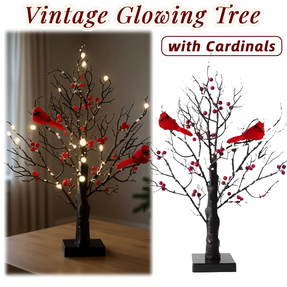 Vintage Glowing Tree W/ Cardinals Lighted Mini Birch Tree Twinkle Tree Lamp for Tabletop Centerpiece Christmas Indoor Home Decor
