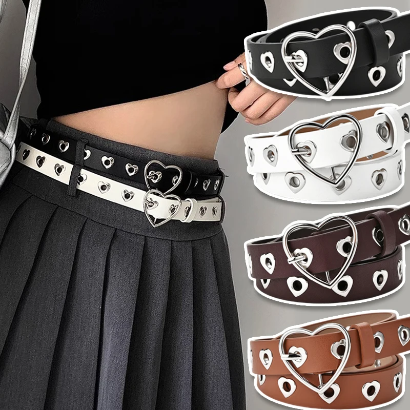 

Fashion Women Belt Leather Punk Belt with Adjustable Love Heart Holes Luxury Designer Buckle Belt for Dress Jeans Cool Boy Girl