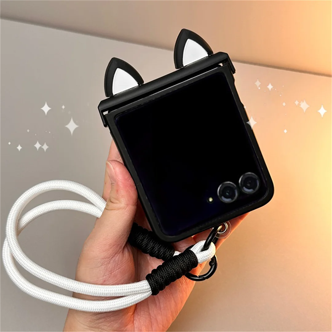 Korean Cute Cat Ears Black Portable Rope Phone Case