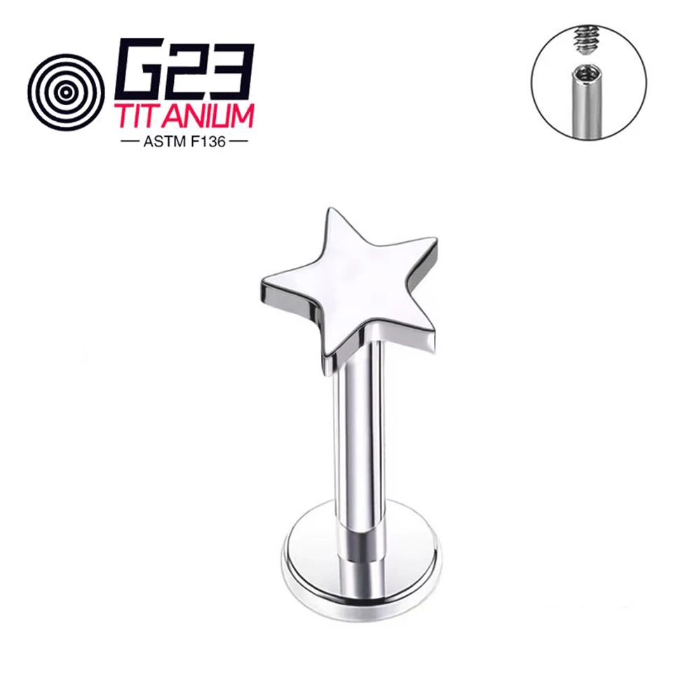 Piercing Titanium F136 Internal Thread Labret Flat Star Top Tragus