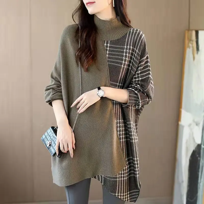 Fashion Korean Irregular Spliced Female Clothing Sweaters Spring Autumn New Casual Plaid Loose Half High Collar Knitted Jumpers