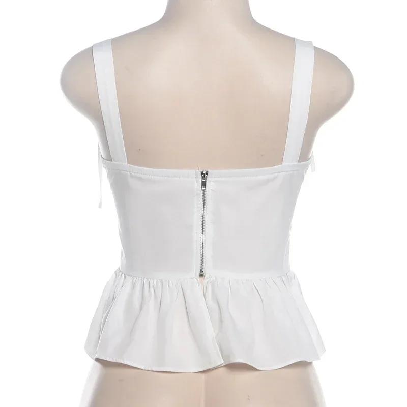 Sweet Solid Bow Lace Up Strap Tops Women Sleeveless Backless Ruffles Zipped Slim Vest Summer New Fashion Lady Tank